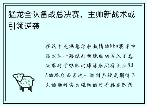 猛龙全队备战总决赛，主帅新战术或引领逆袭