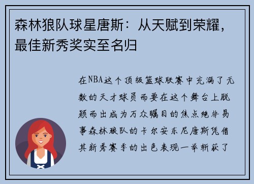 森林狼队球星唐斯：从天赋到荣耀，最佳新秀奖实至名归